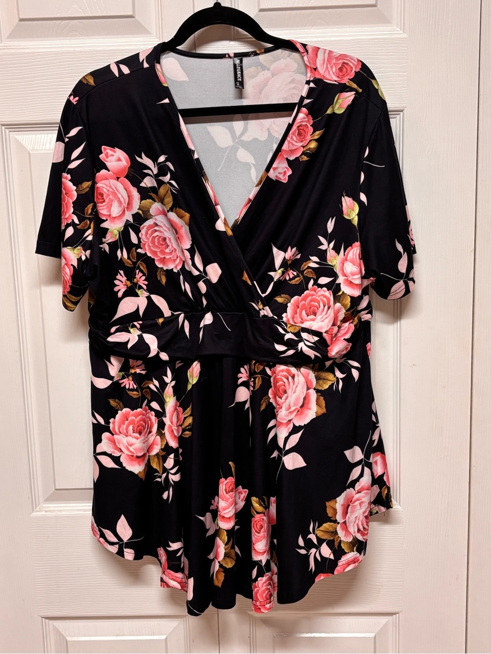 Floral Wrap-Front Women's Top - Black with Pink Rose Print